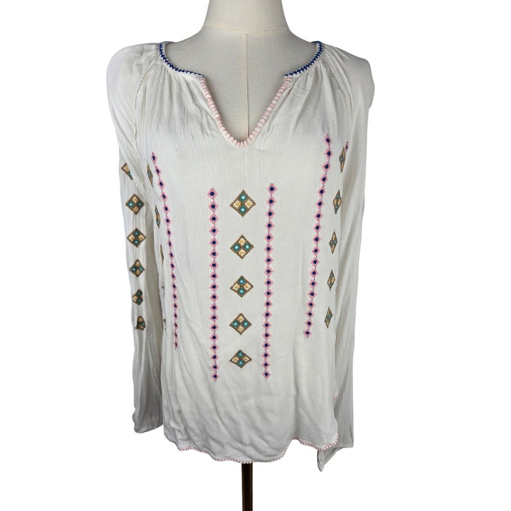 Gap Embroidered Peasant Blouse M White Boho Geometric Long Sleeve Boho Festival